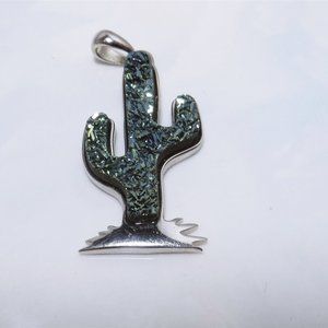 Alluring Sterling Silver Unique Green Metallic Pave Inlay Cactus Pendant by GI